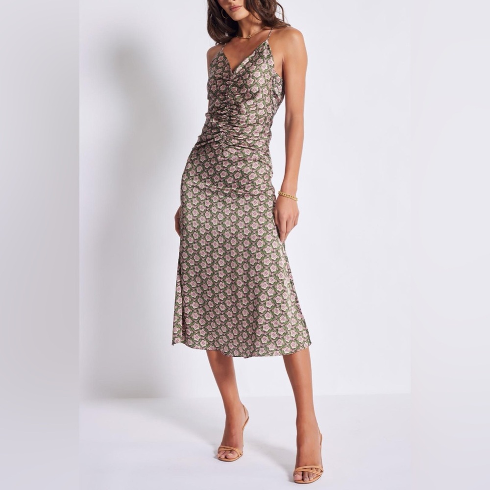 Ruched Front Floral Satin Midi Dress with Shoulder Ties